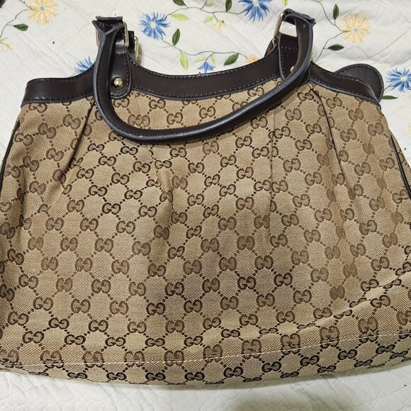 GUCCI Medium Sukey Canvas Leather Tote Bag Authentic Neutral Brown Tan - Picture 2 of 5